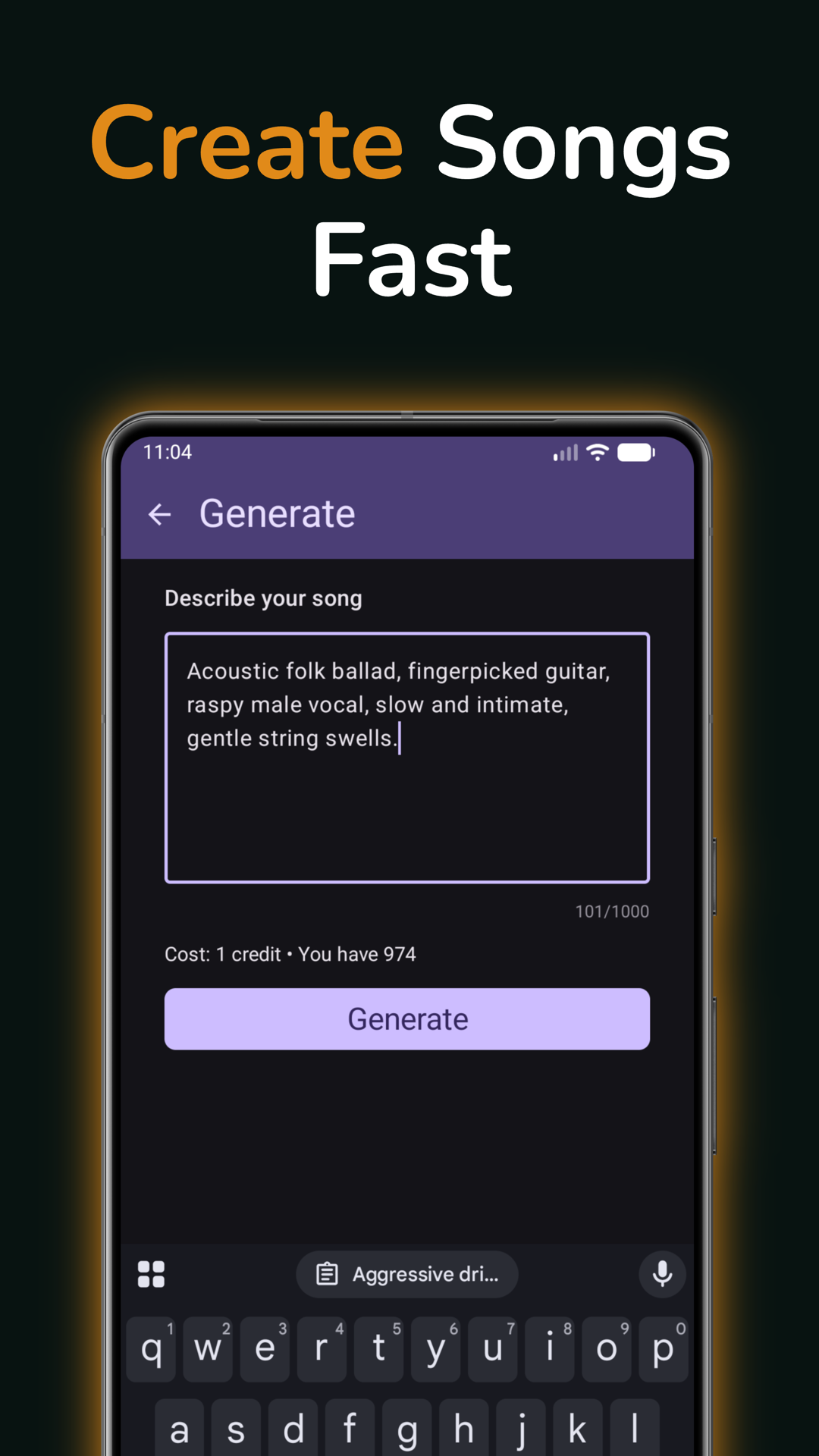 Create songs fast — describe your song and generate it